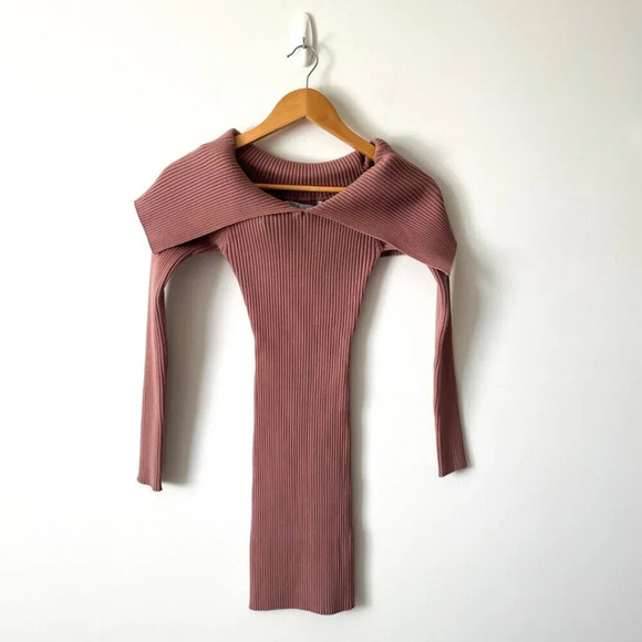 Zara Ribbed Knit Off Shoulder Long Sleeve Mini Dress NWT Mauve  Size Small - Picture 3 of 7